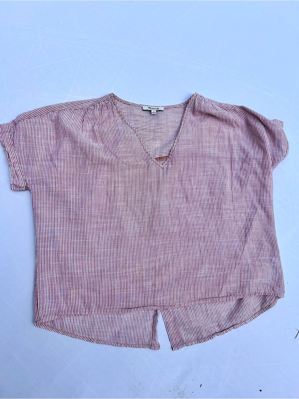 Madewell Pink and White Striped V-Neck Blouse